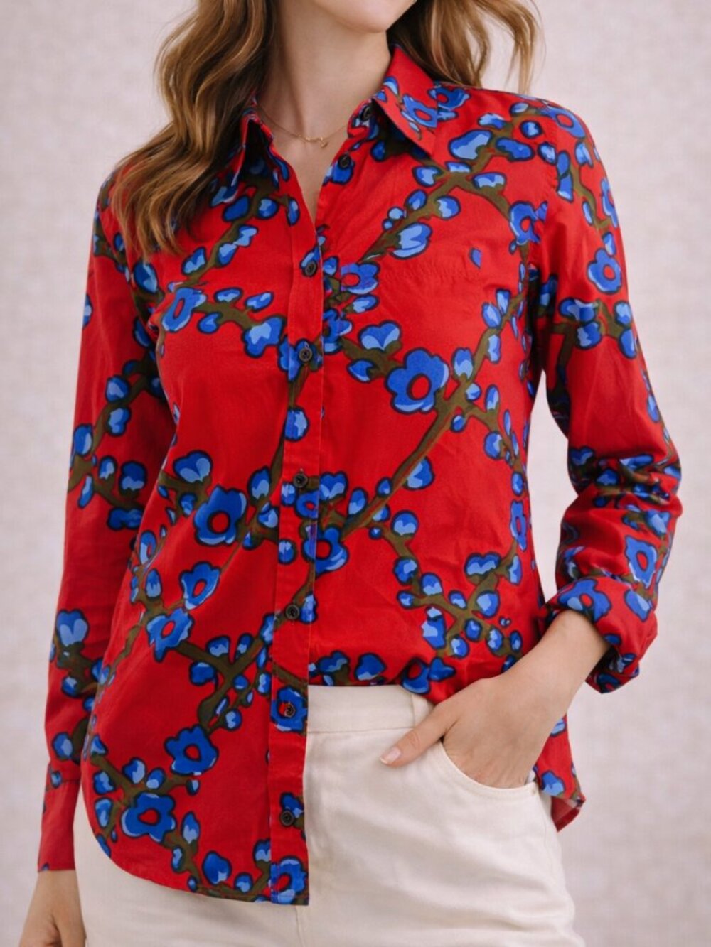 J. Crew Collection Lattice Floral Button Down Shirt Red Blue Cotton Classic Fit